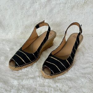 Toni Pons Carmina Espadrille Wedge Shoes Women's Black Stripe Peep Toe Size 8